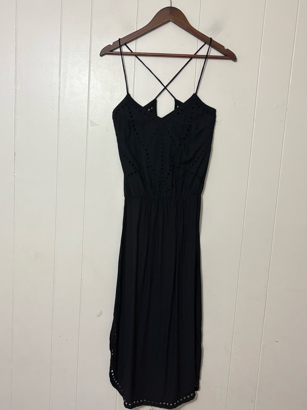 Pampelone Black Eyelet Trim Midi Dress XS Criss Cross Back Resort Beach